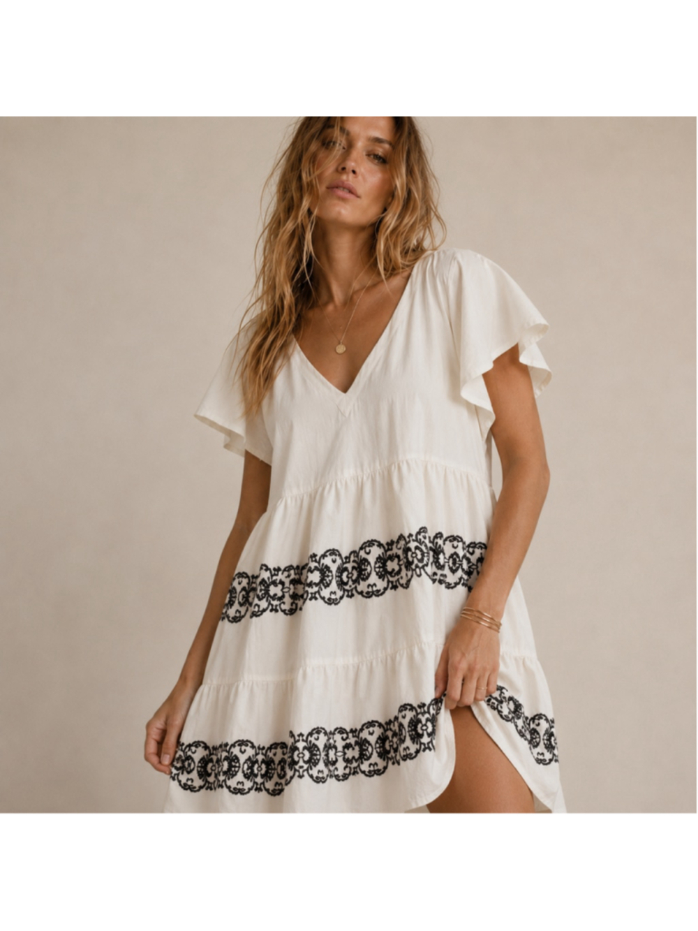 Old Navy Ivory Embroidered Flutter Sleeve Mini Dress Sz L Tall